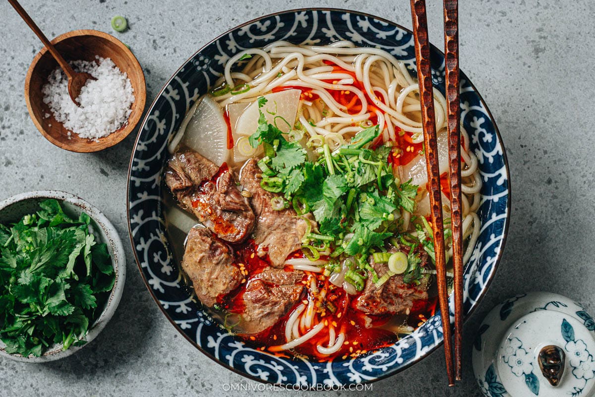 Lanzhou beef noodle soup with chili oil and radish