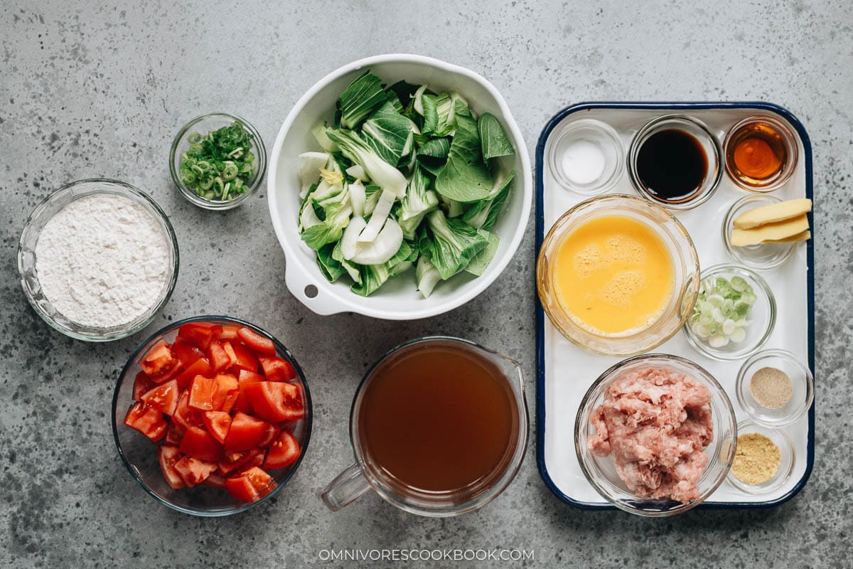 A top-down wide shot of all the prepped ingredients.