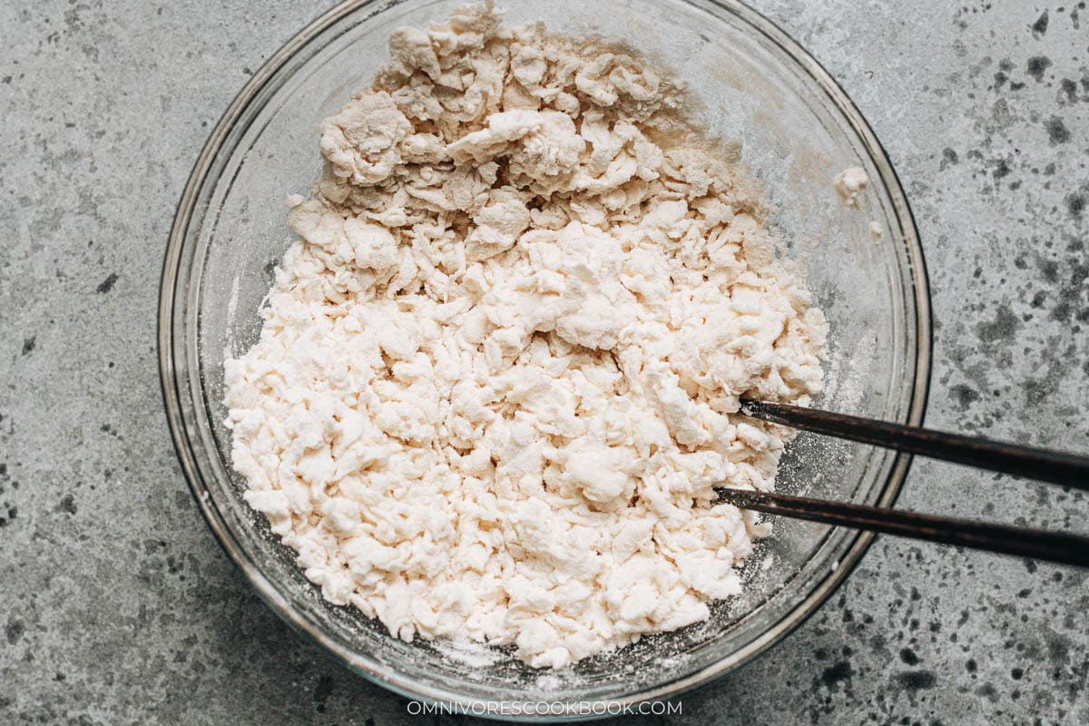 A bowl showing the finished dough pieces after mixing.