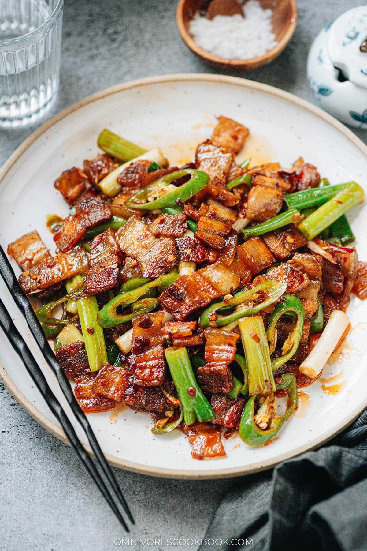 Overhead shot of twice cooked pork featuring caramelized pork belly, sliced peppers, and softened green onions on a speckled plate.