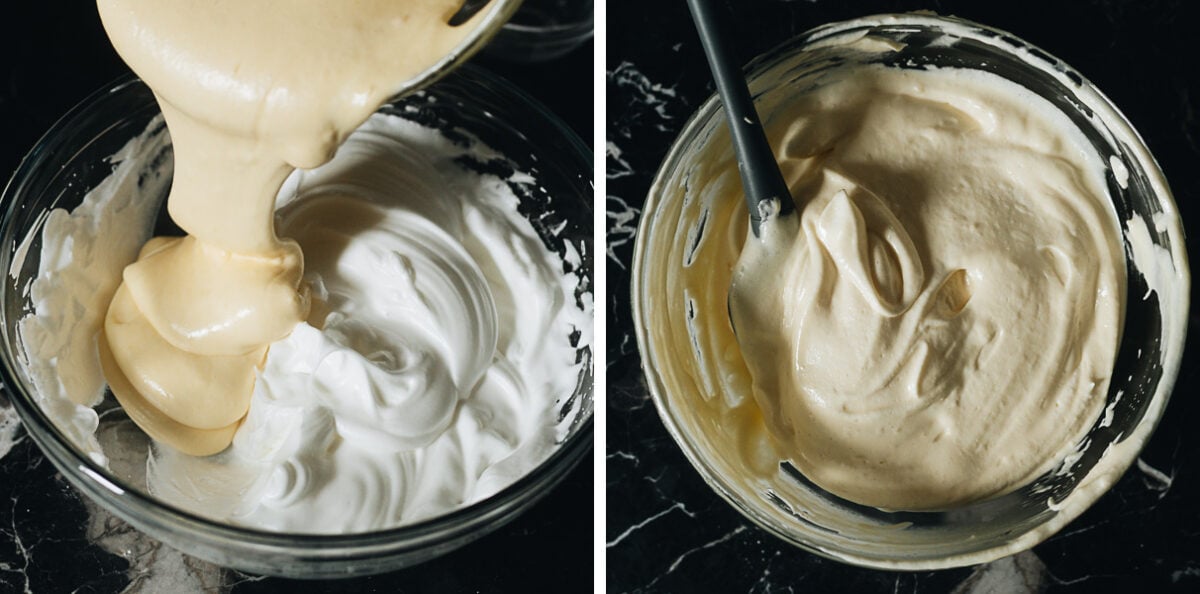 Add the loosened yolk mixture into the bowl with the remaining egg whites