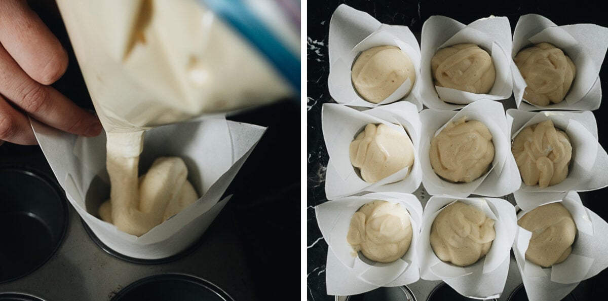 pipe the egg cake mixture into each liner