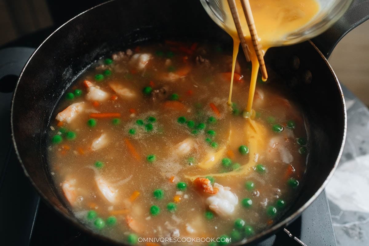 stir in the beaten egg