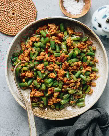 Stir-fried green beans with ground pork served in a bowl