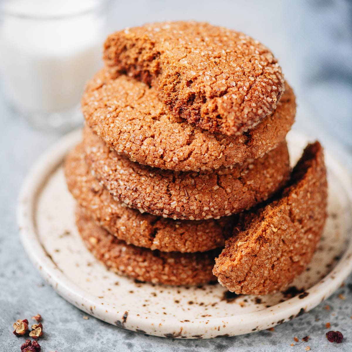 These spice and molasses-forward gingersnap cookies have a warm flavor, citrusy aroma, and numbing tingling heat of Sichuan peppercorn. They are quite bold and make a perfect holiday edible gift.