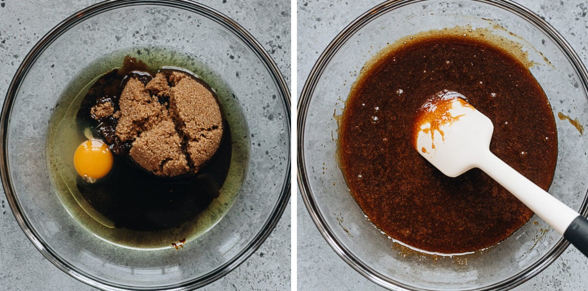 Molasses, brown sugar, egg, and oil mixed in a bowl