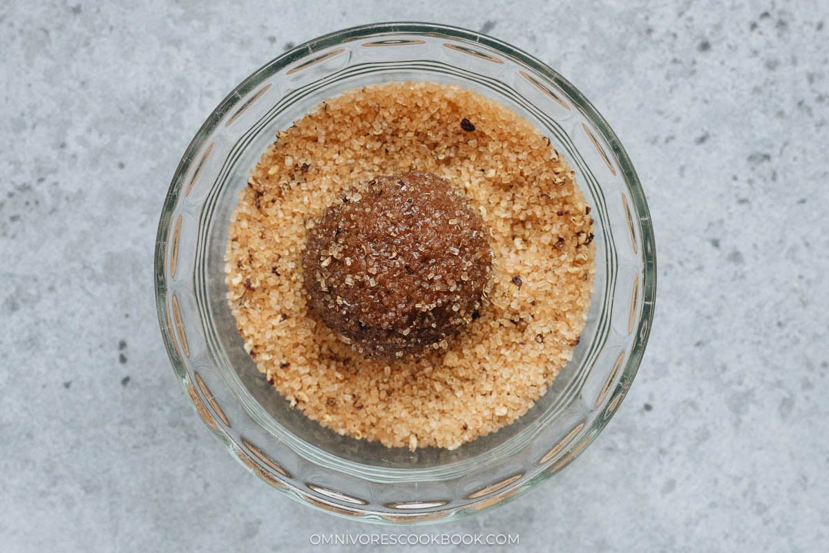 Gingersnap cookie dough rolled in Sichuan peppercorn sugar coating