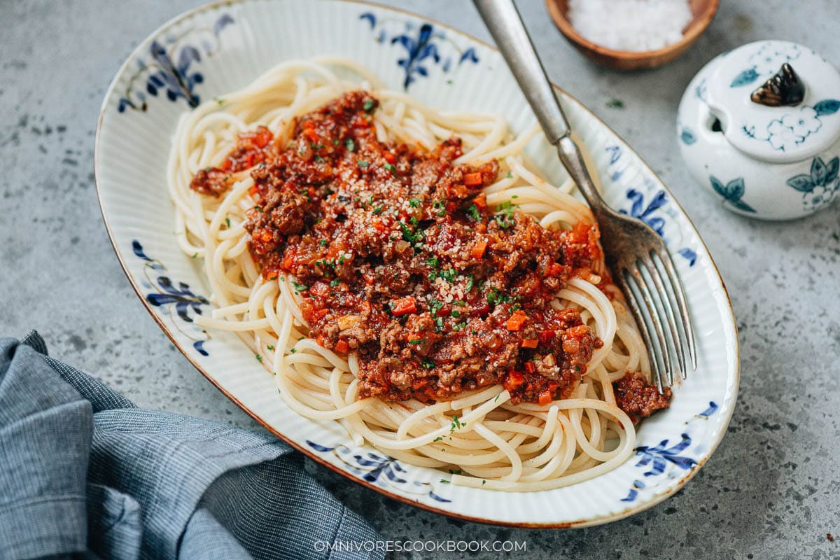 Hong Kong Bolognese Spaghetti on a plate with fork