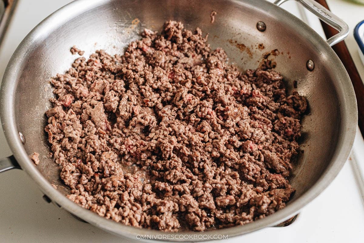 cook the ground beef in a large skillet