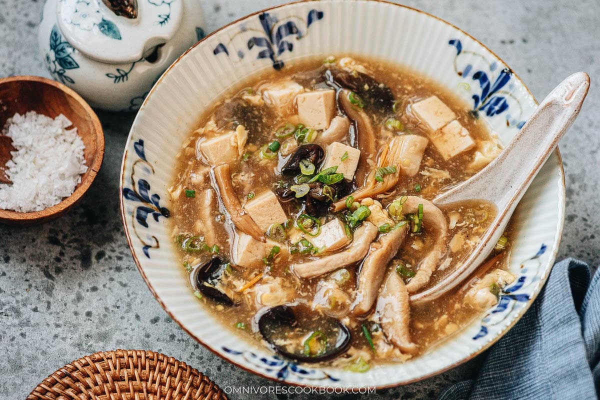 Authentic hot and sour soup served in a bowl.