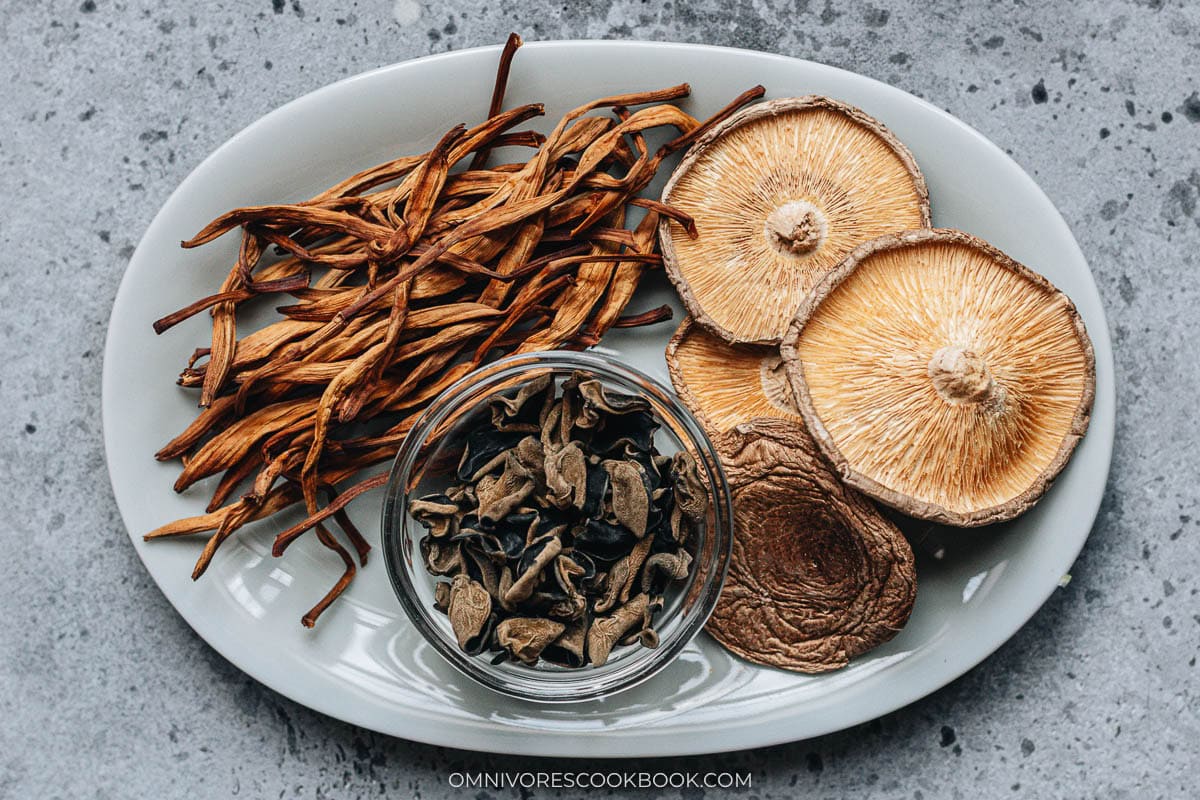 Hot and sour soup dried ingredients - shiitake mushrooms, lily flowers, wood ear mushroom