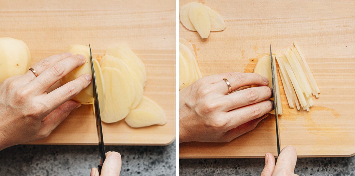 Slicing peeled potato into thin rounds and Knife-cut julienned potatoes