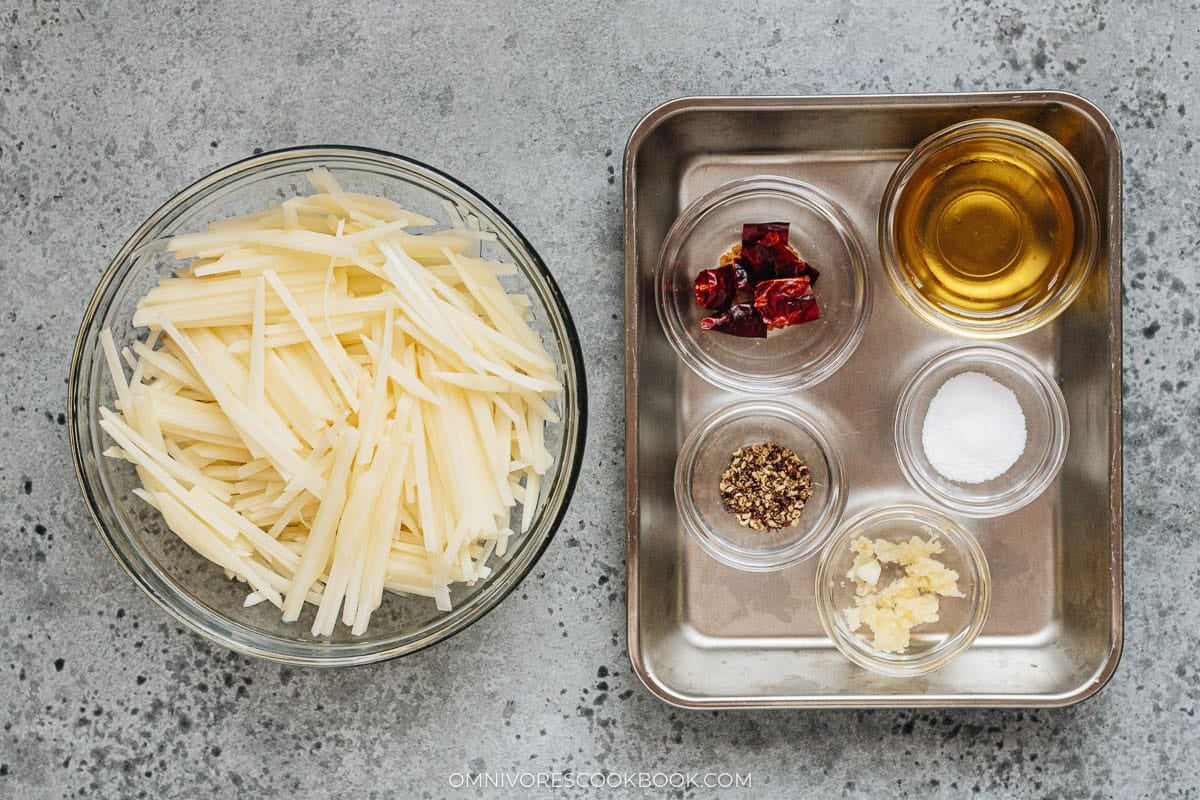 Ingredients spread with potatoes, garlic, and chilies
