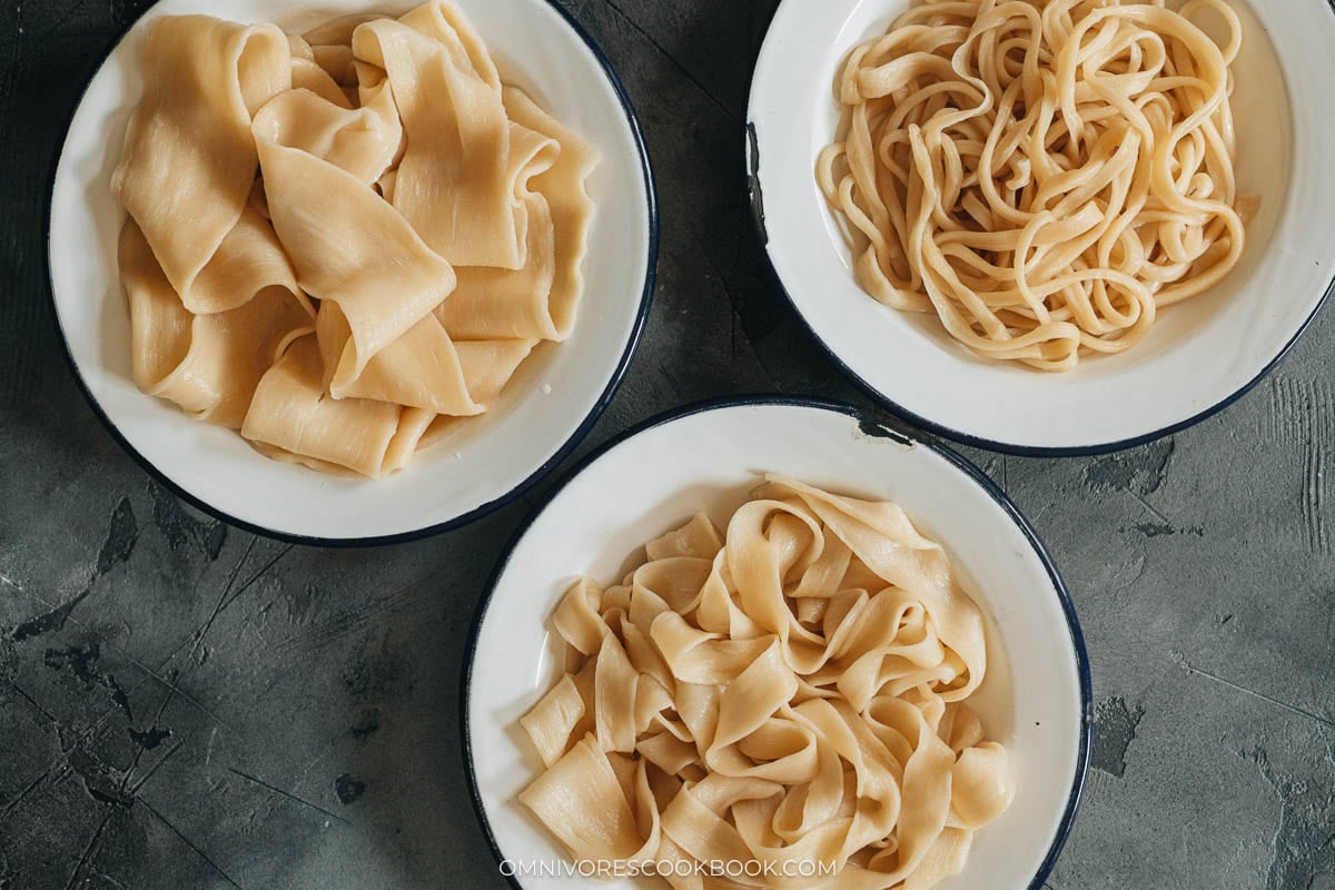 Three types of homemade hand pulled noodles