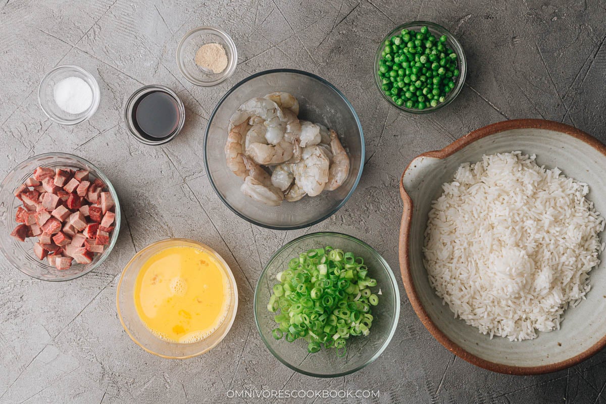 Ingredients for making Yang zhou fried rice