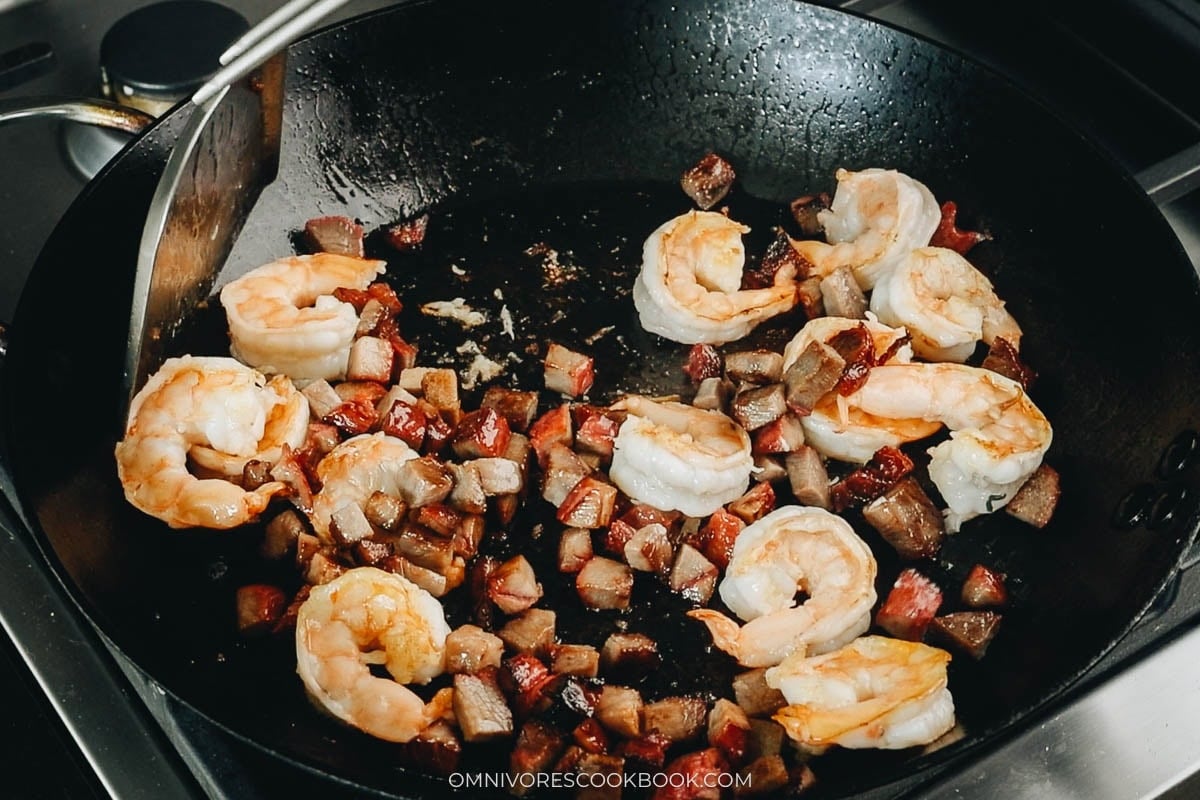 Sear the char siu pork and shrimp