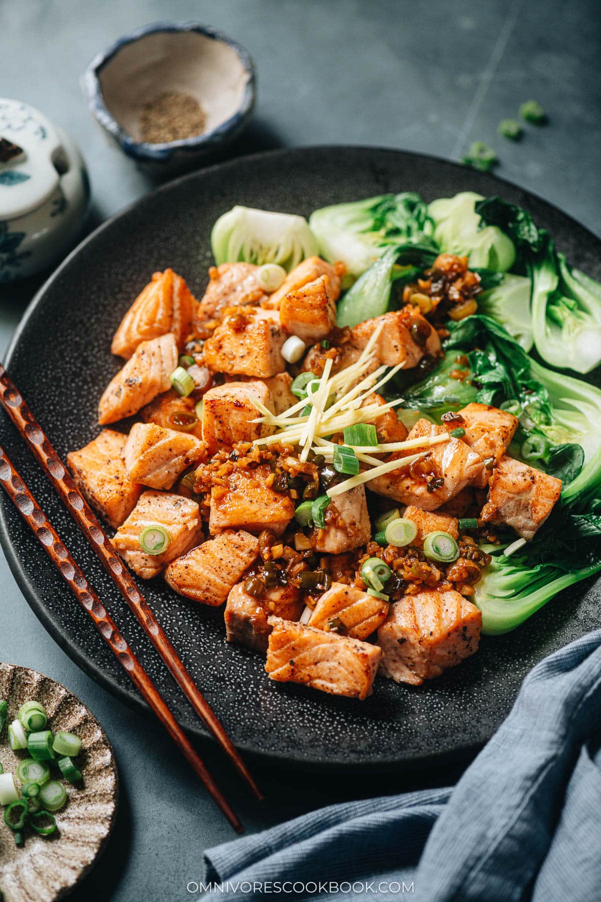 Pan fried salmon served with baby bok choy
