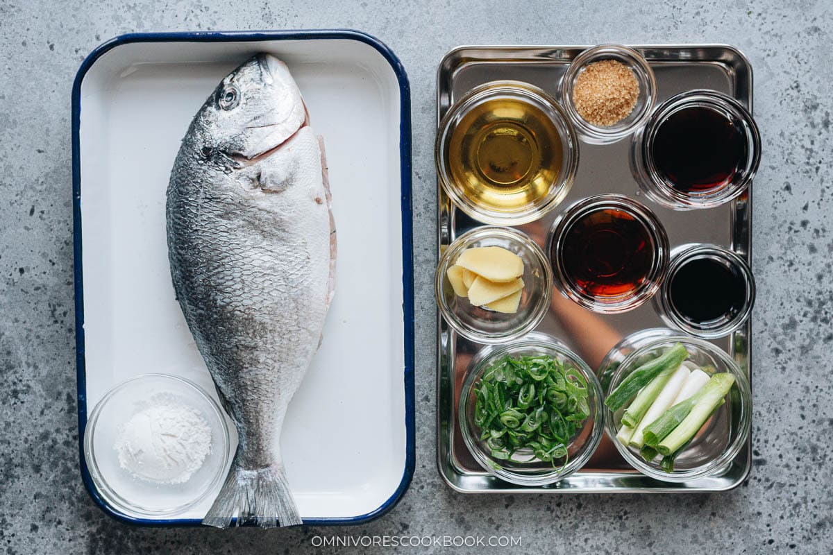 Ingredients for Chinese braised whole fish on tray