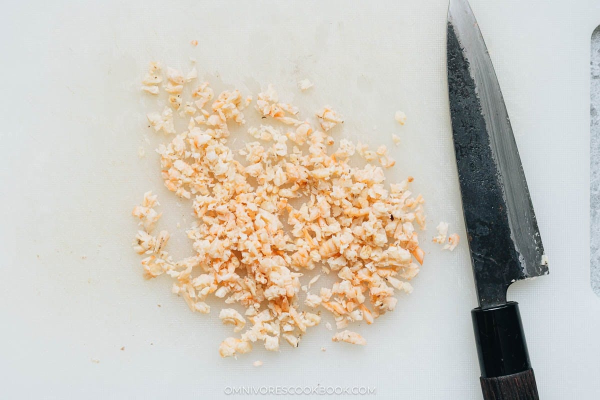 chopping the dried shrimp