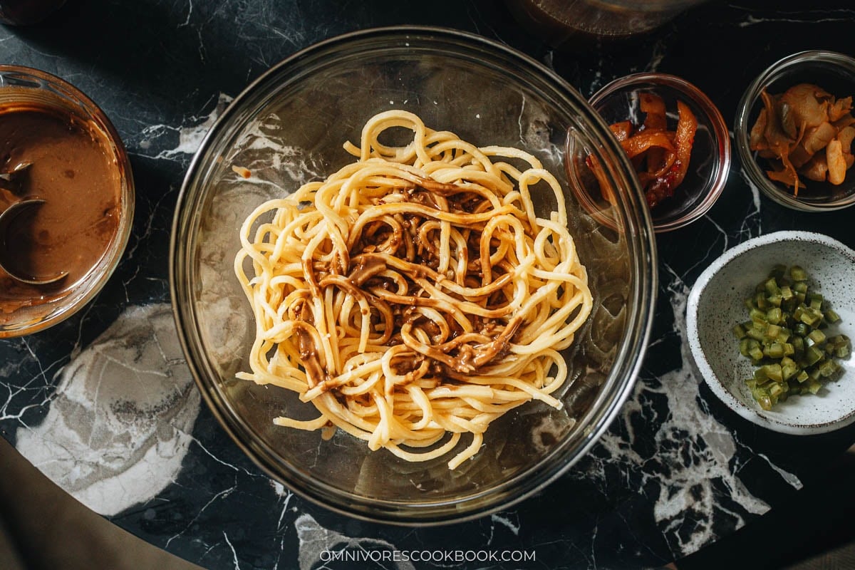 noodles and sauce in a bowl