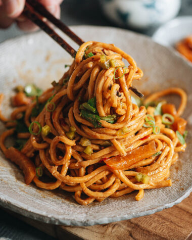 Hot dry noodles with chop sticks