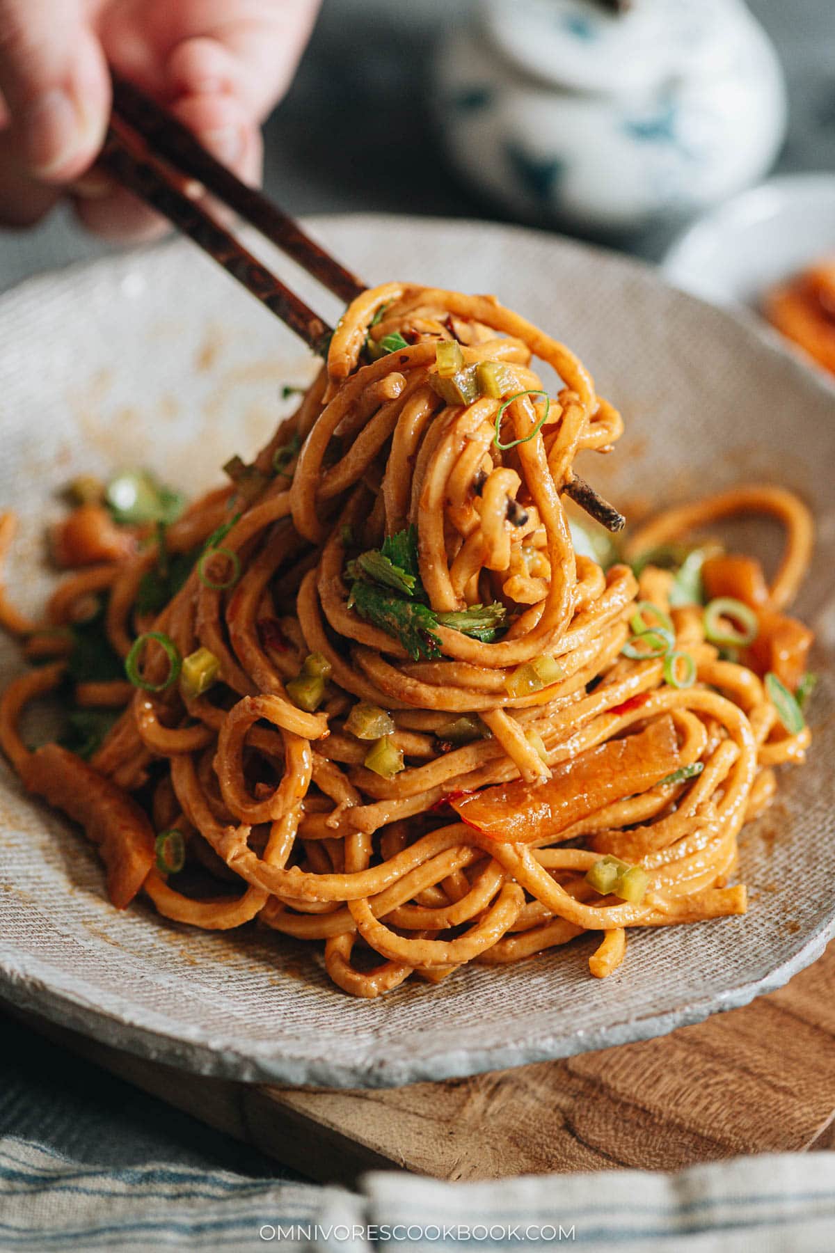 Hot dry noodles with chop sticks