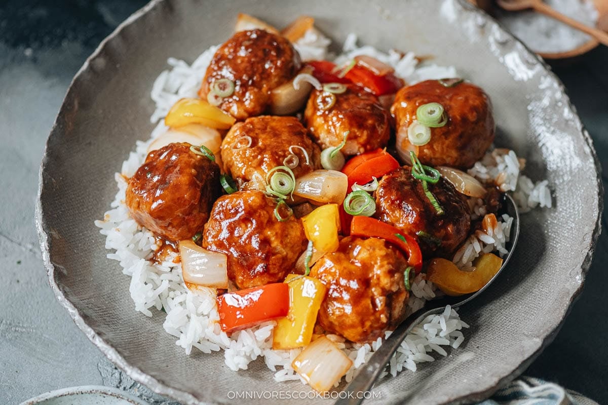 Sweet and Sour Meatballs over white rice