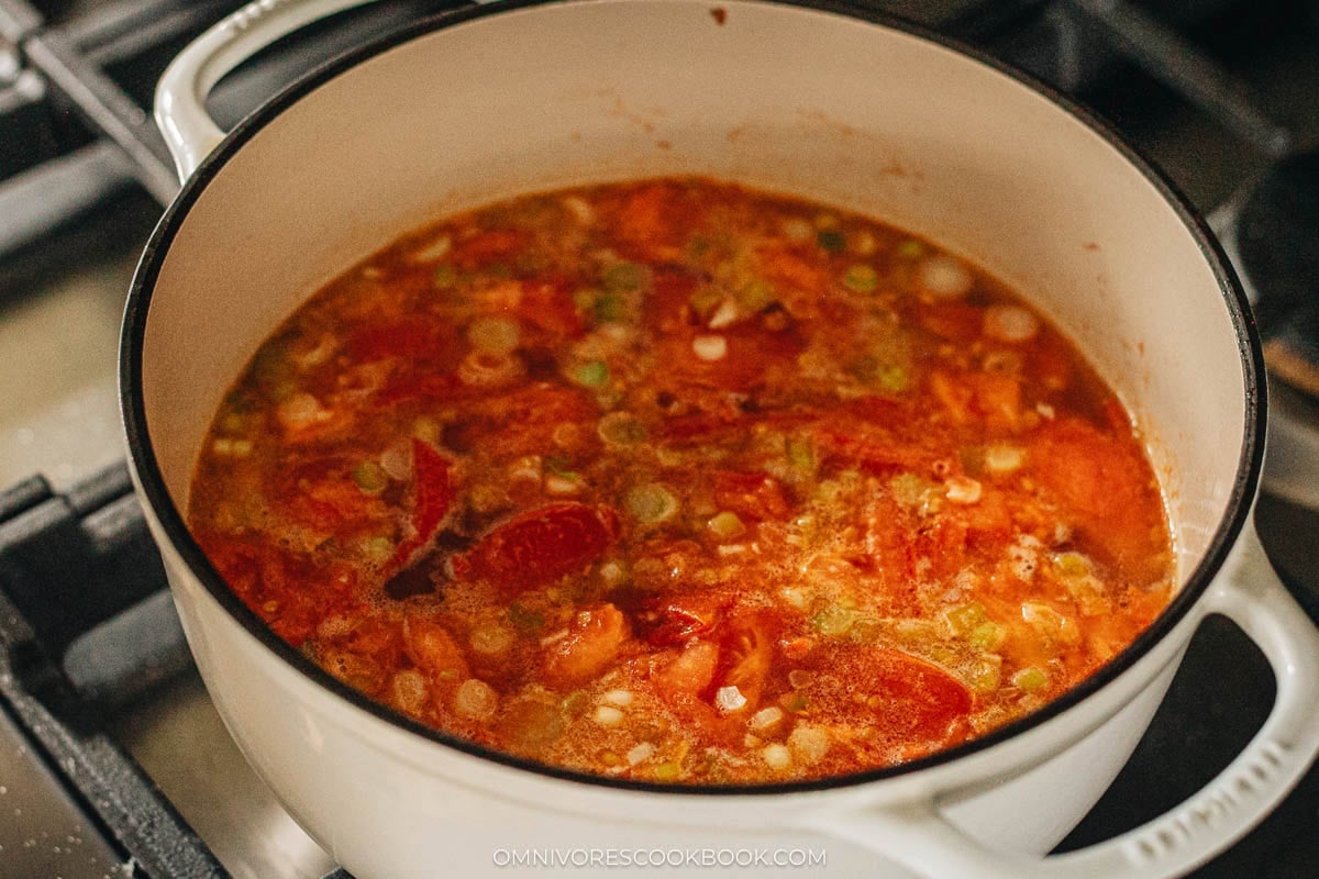 simmering with chicken broth