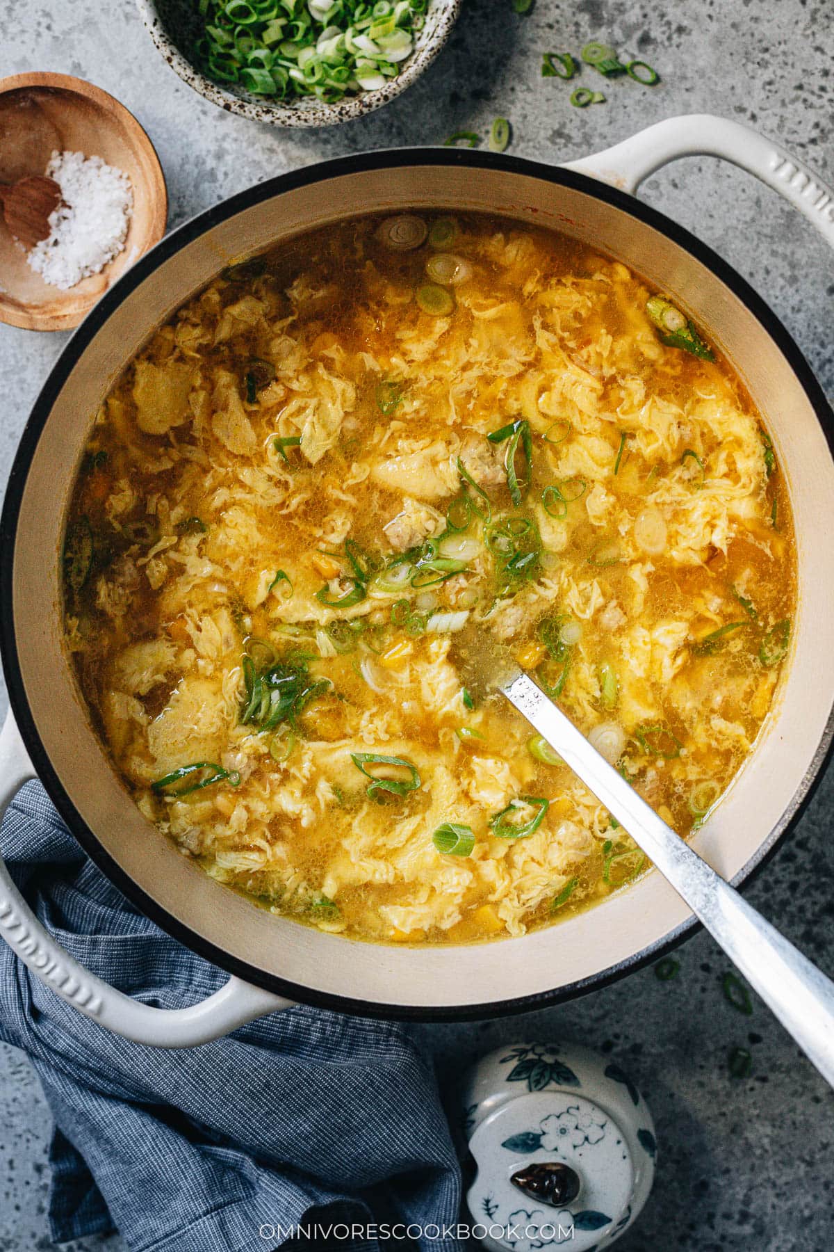 Chinese corn soup with chicken served in a pot