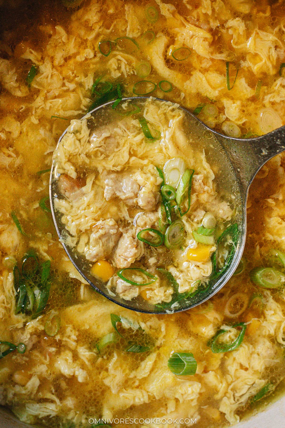 Chinese corn soup with chicken close up