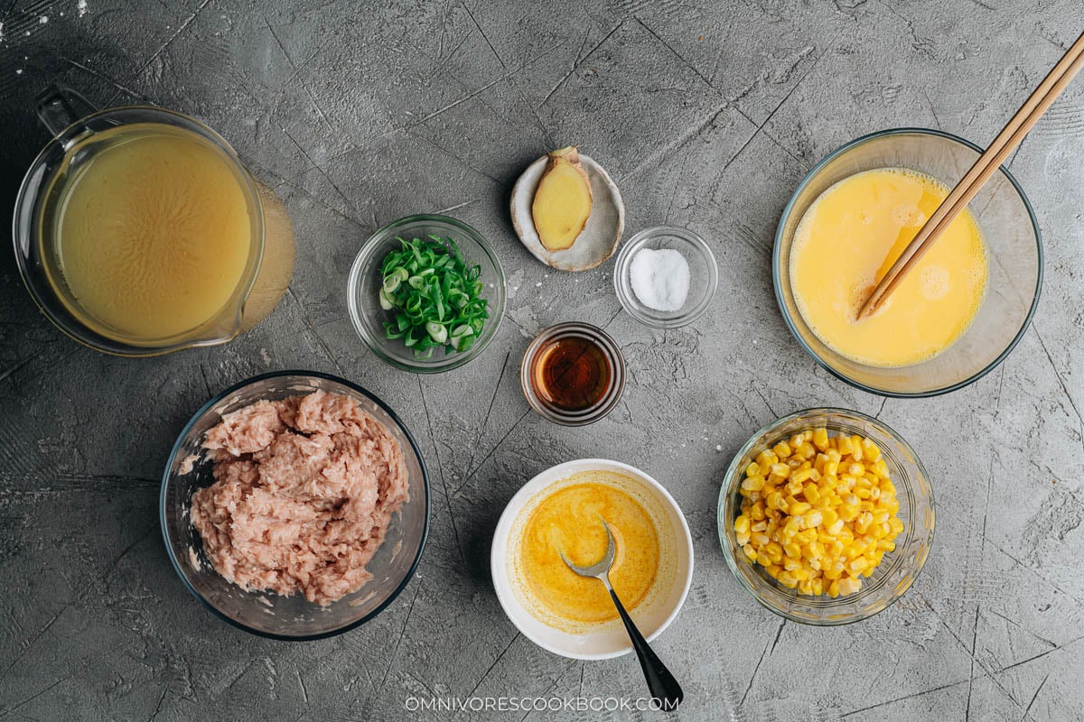 Ingredients for making Chinese corn soup with chicken