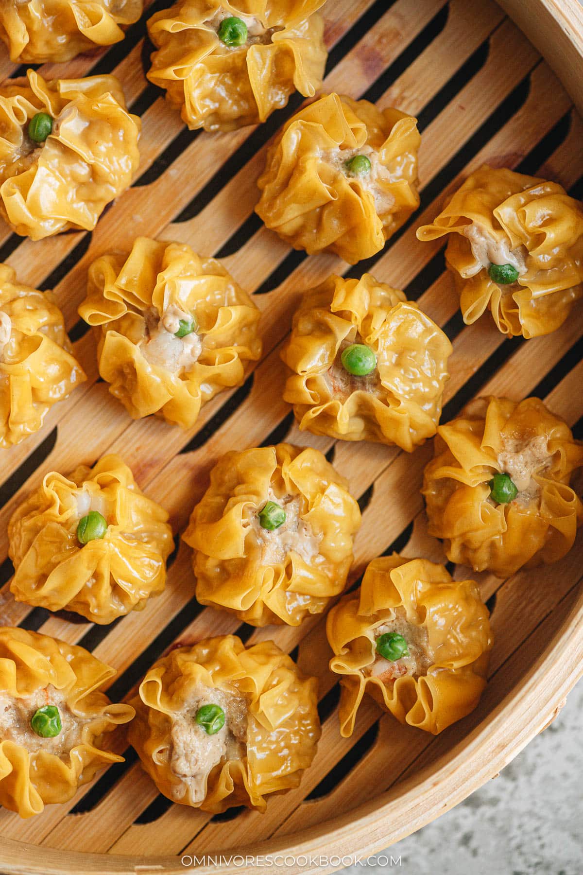 Cantonese shumai in a bamboo steamer close up