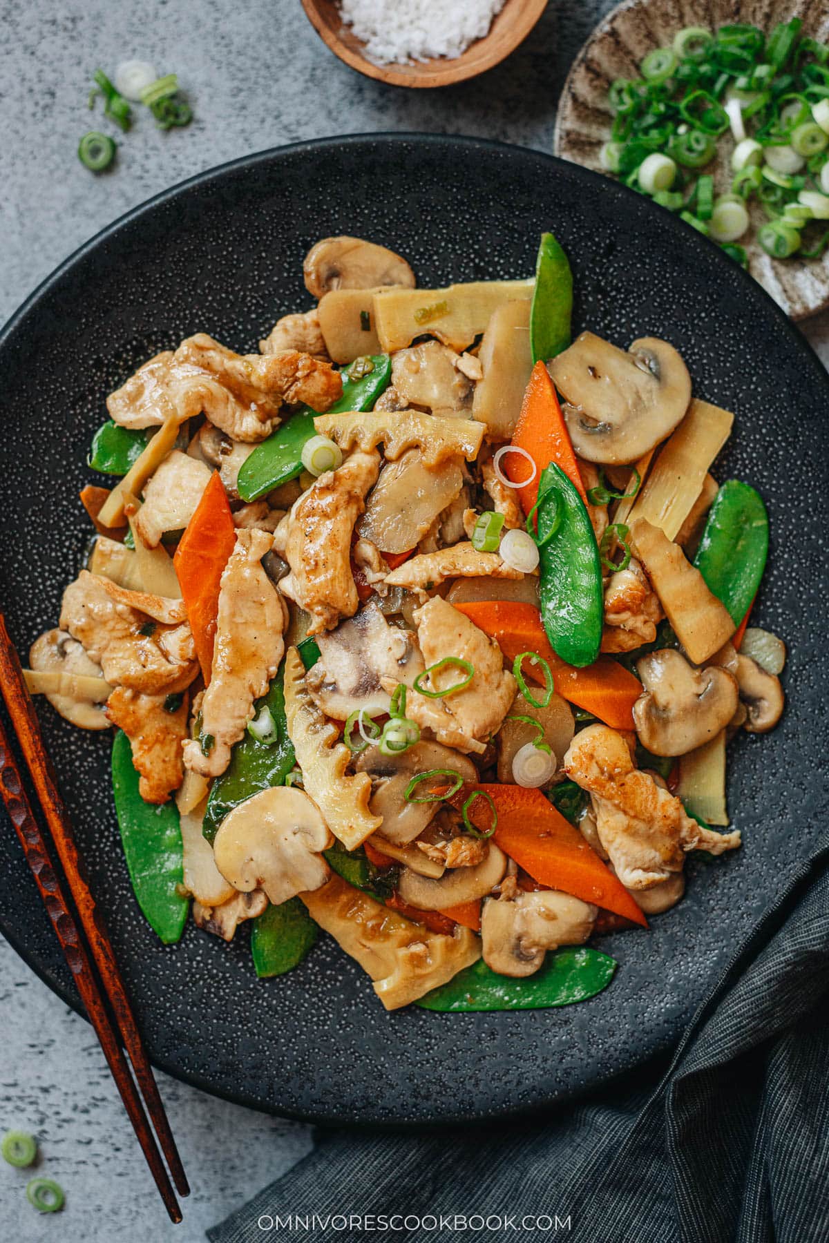 Homemade moo goo gai pan in a plate