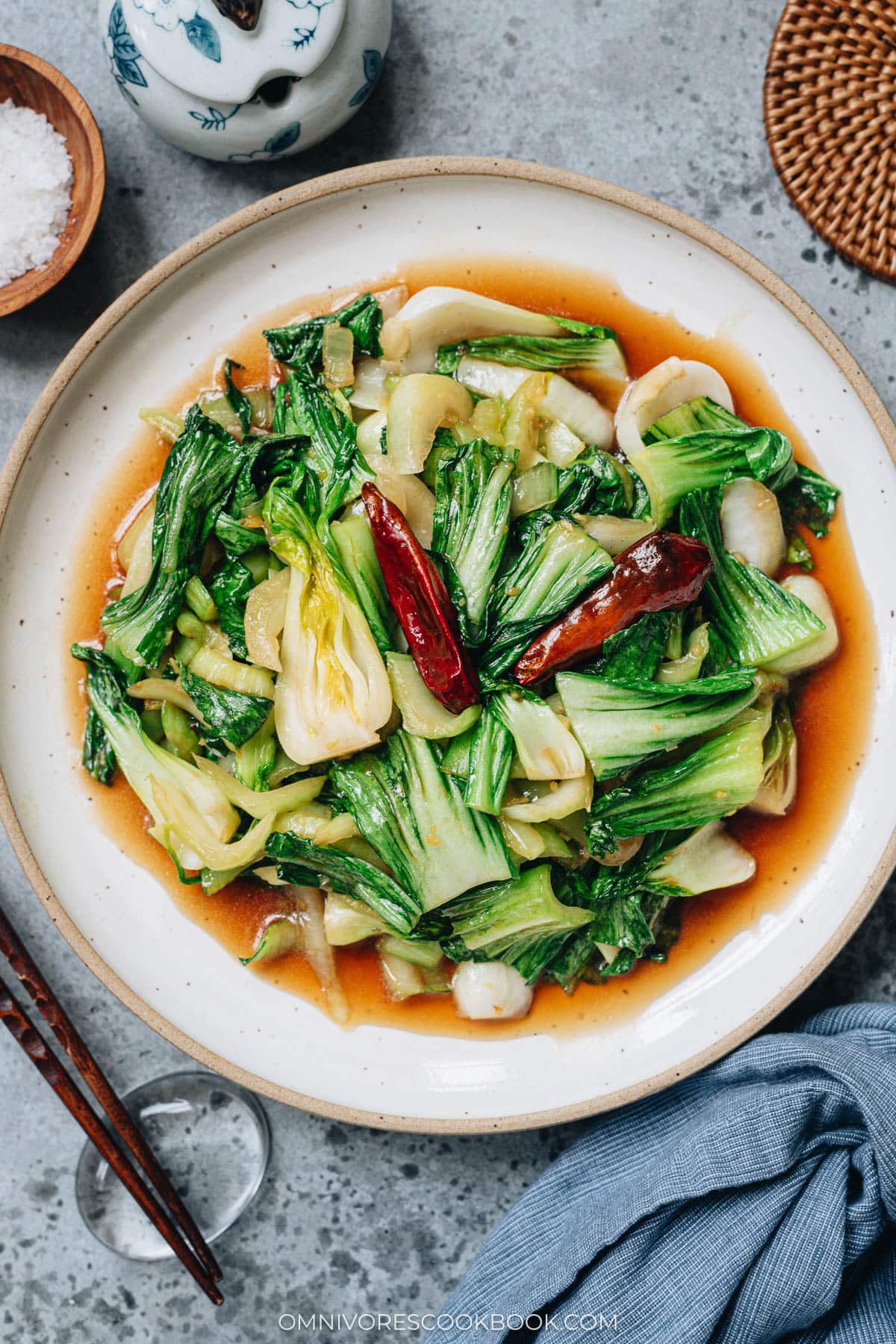 Bok choy with oyster sauce served in a plate