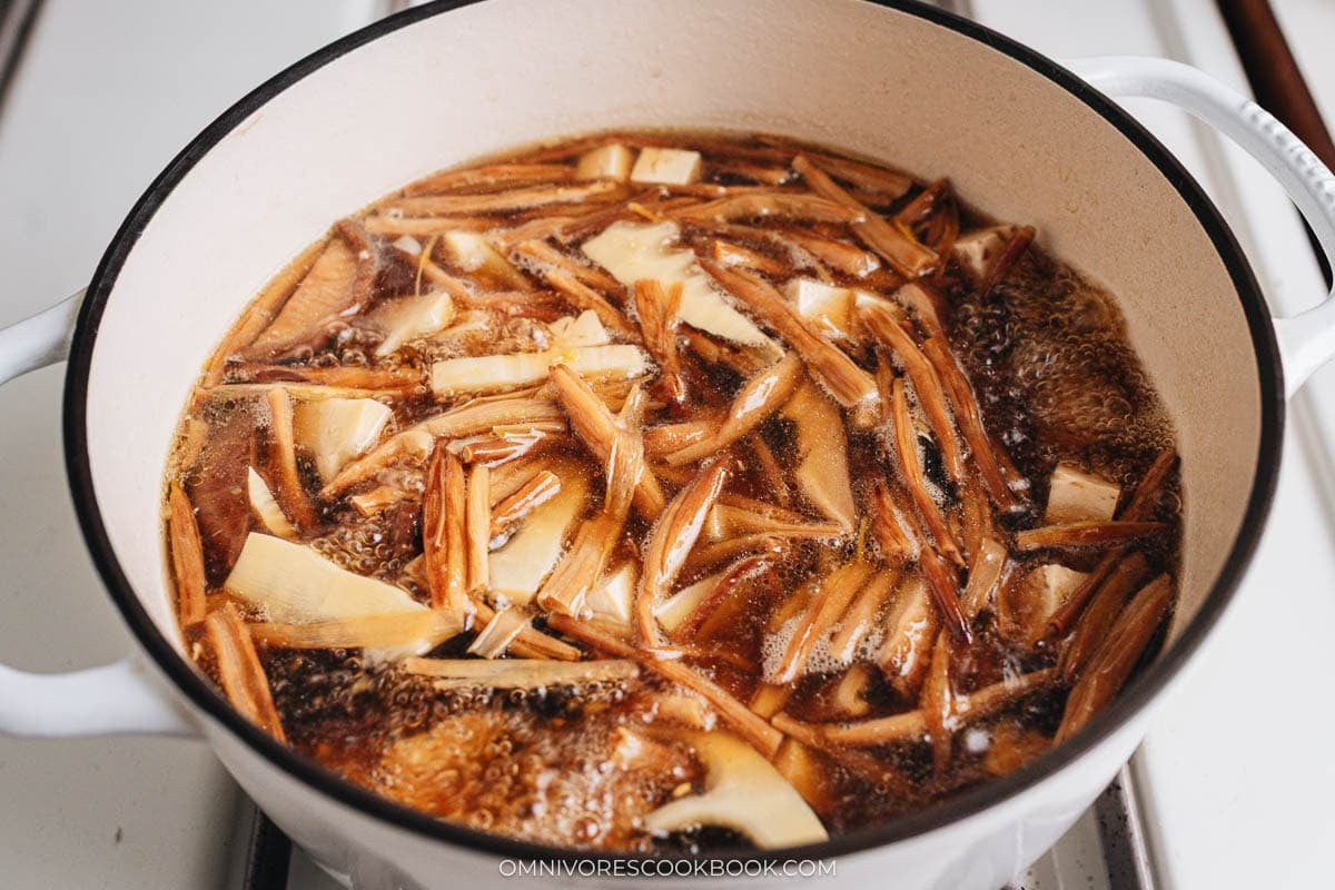 Simmering ingredients in a pot