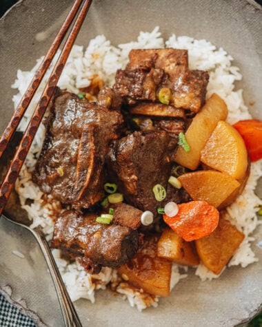 Galbi Jjim served on rice close up