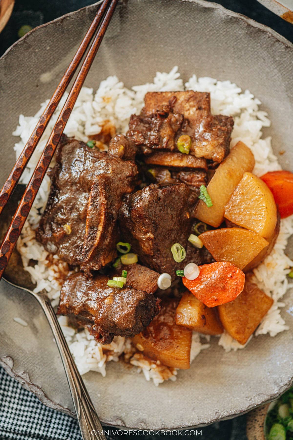 Galbi Jjim served on rice close up