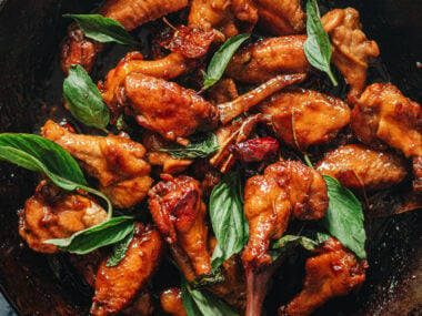 Three cup chicken in a pan