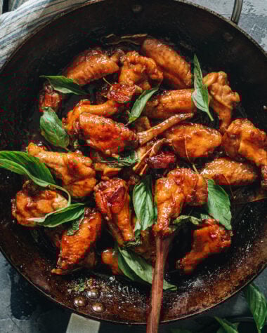 Three cup chicken in a pan