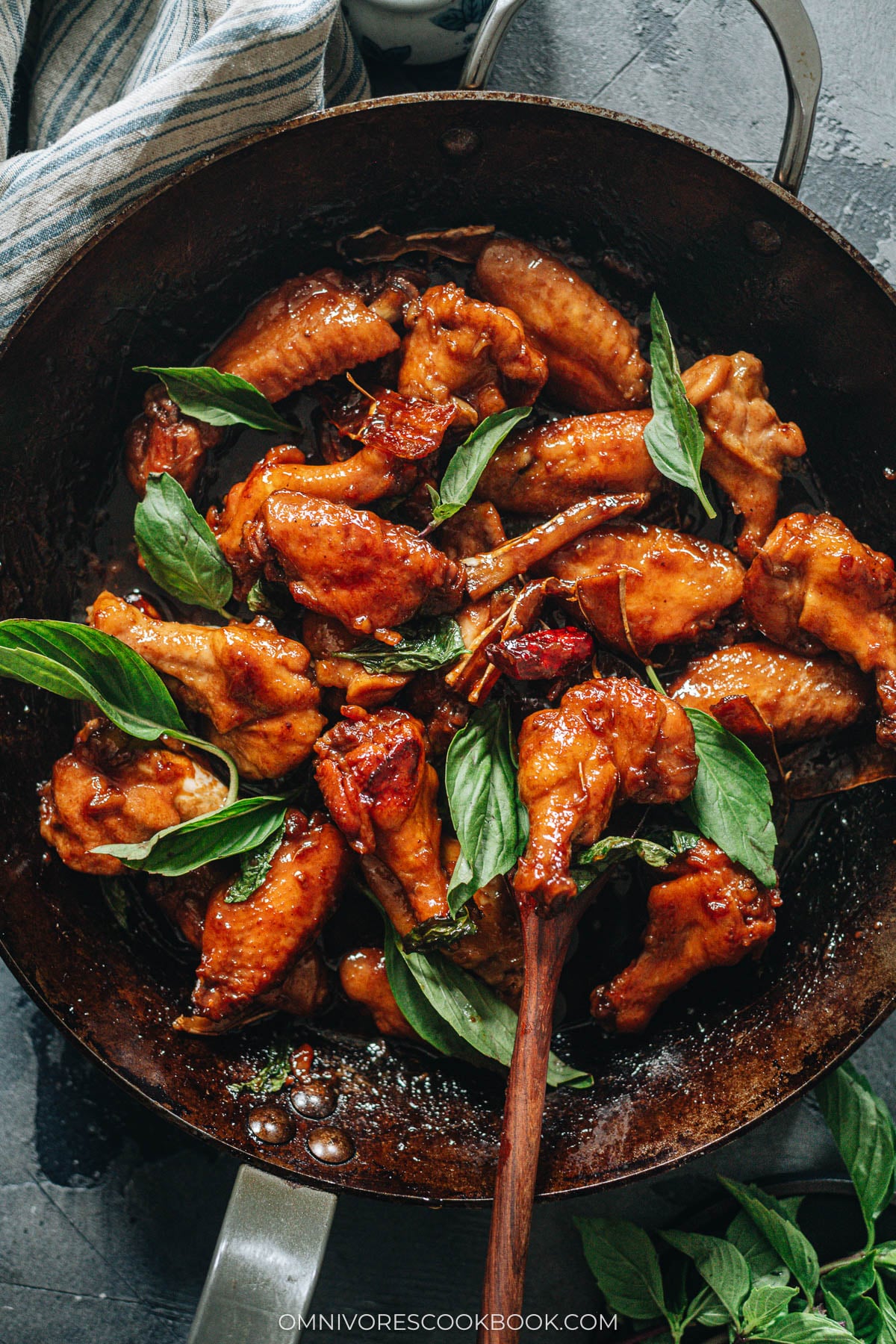 Three cup chicken in a pan