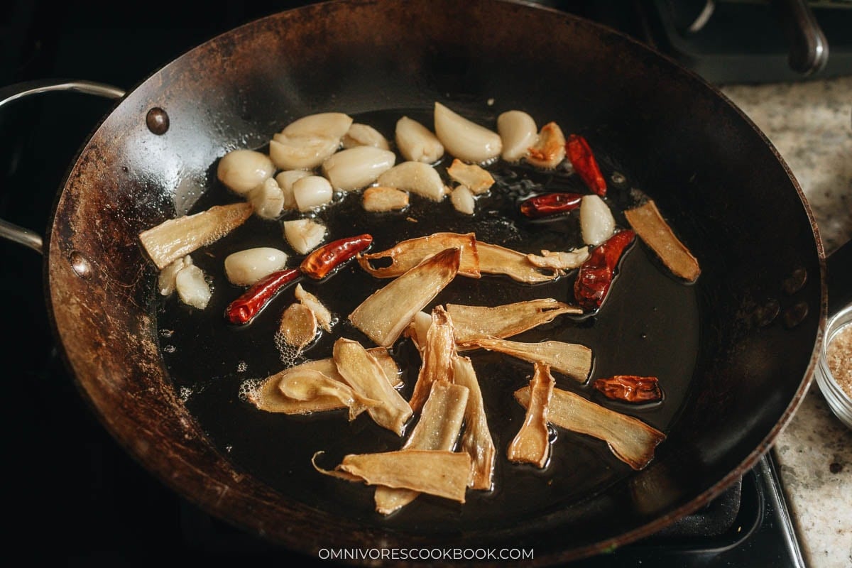 Cooking the garlic and chilies