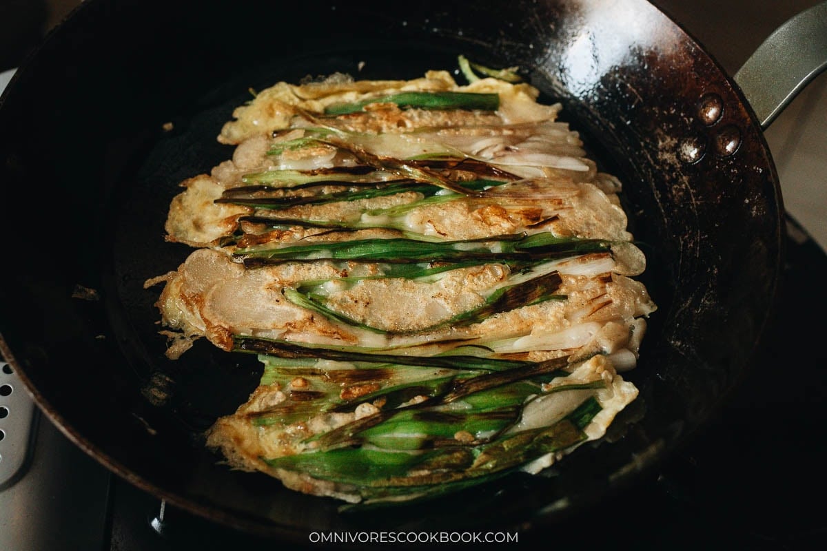 cooked Korean Seafood pancakes in a pan