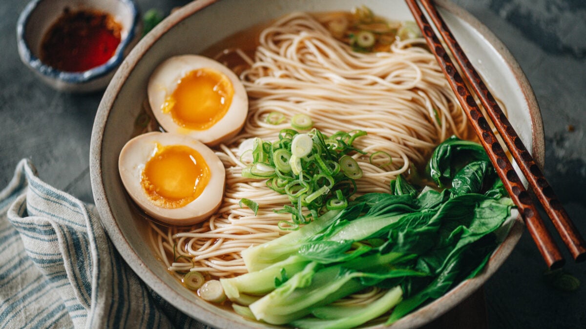 Soy Sauce Noodles serve in a bowl
