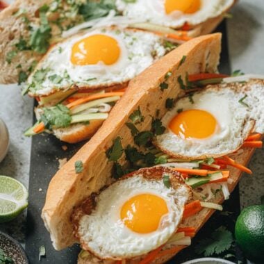 Homemade egg banh mi with pickles and cilantro