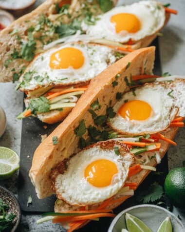 Homemade egg banh mi with pickles and cilantro