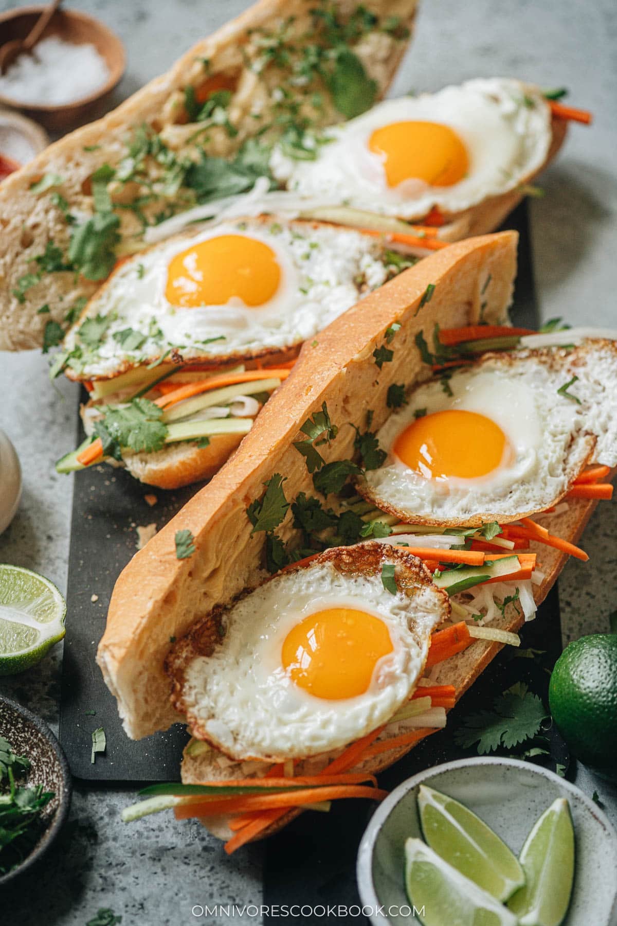Homemade egg banh mi with pickles and cilantro