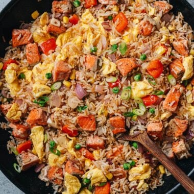 Homemade salmon fried rice in a pan