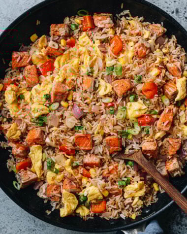 Homemade salmon fried rice in a pan