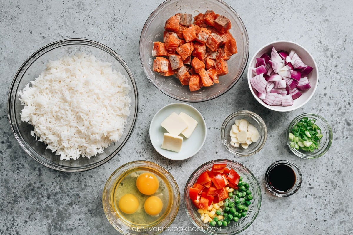 Ingredients for salmon fried rice