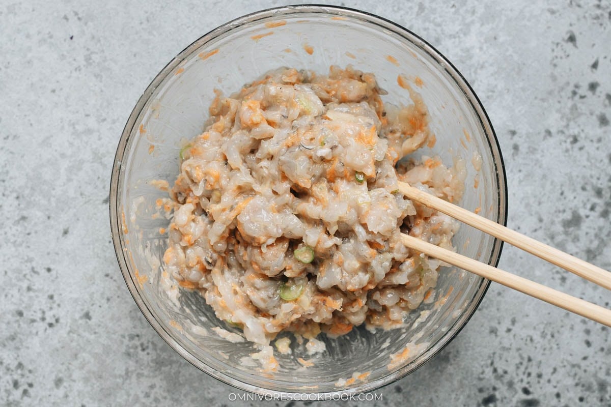 Shrimp wonton filling mixture in bowl
